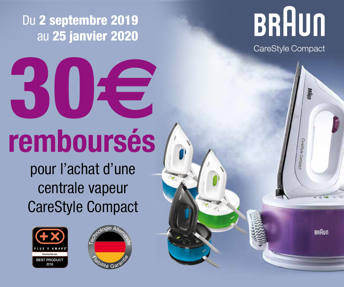 Braun vous rembourse 30€ pour l'achat d'une centrale vapeur Care Style Compact Braun vous rembourse 30€ pour l'achat d'une centrale vapeur Care Style Compact